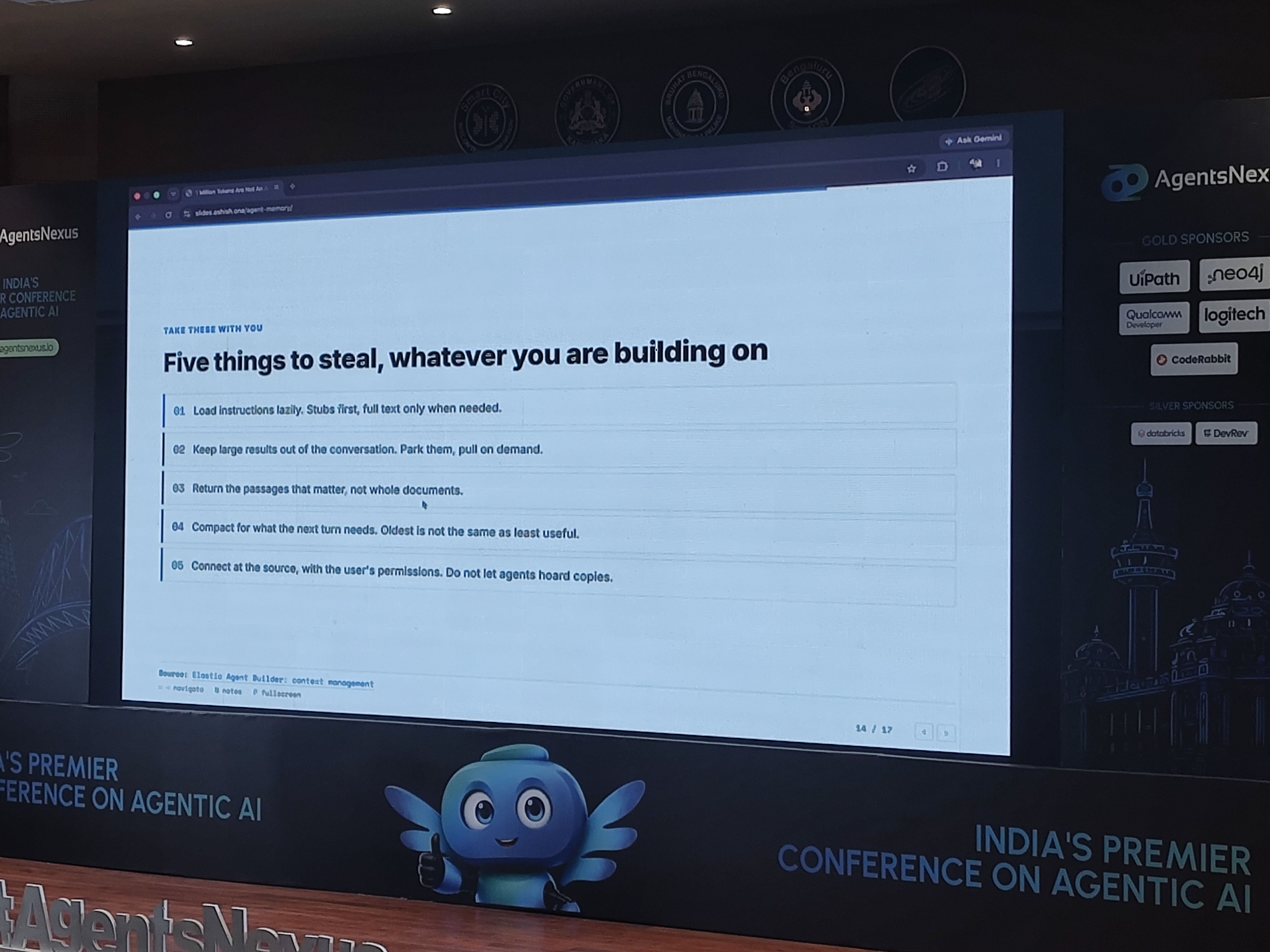 Five things to steal, whatever you are building on: load lazily, keep large results out of the conversation, return passages not documents, compact for the next turn, connect at the source.