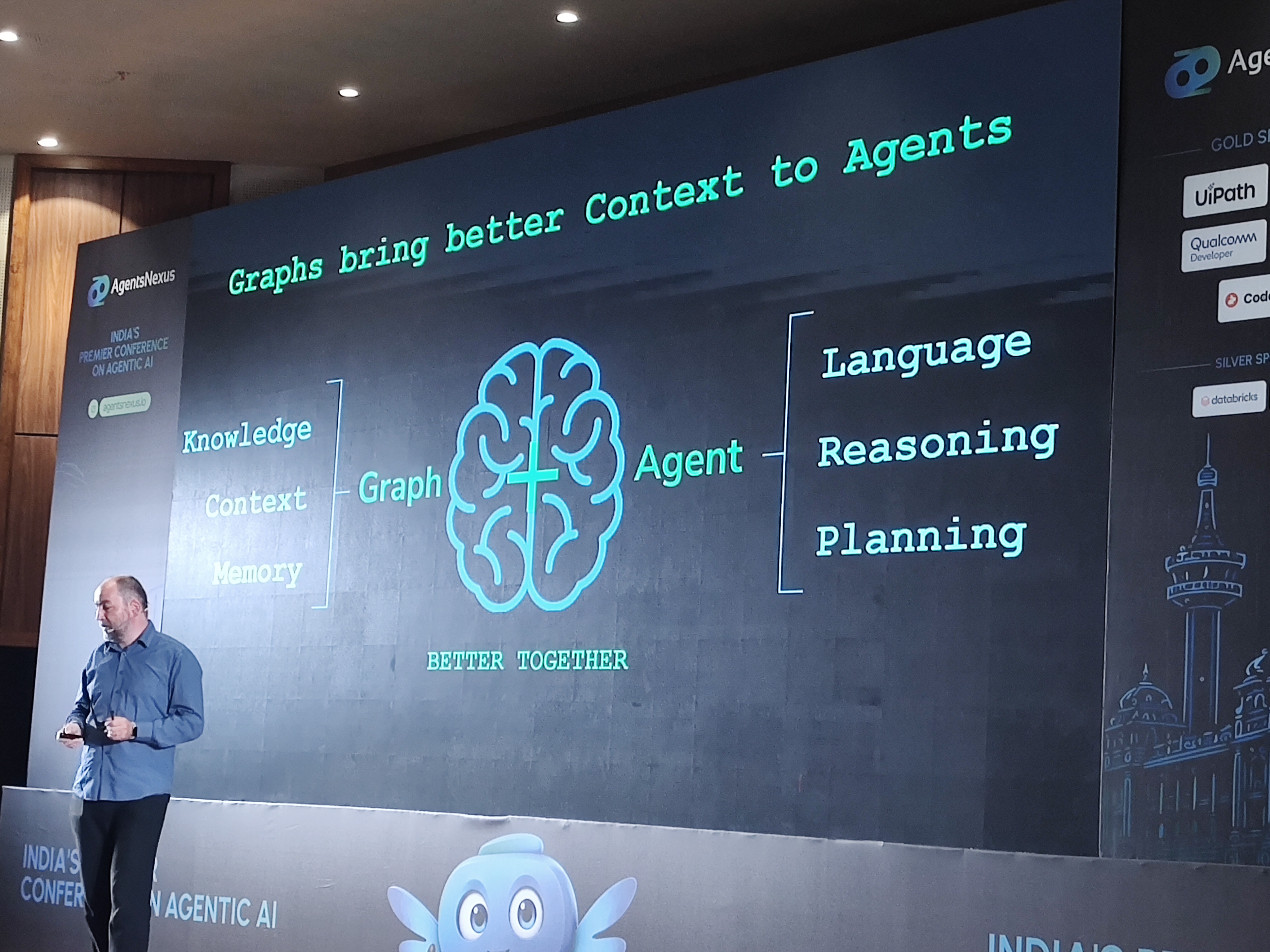 Graphs bring better context to agents: a graph contributes knowledge, context, and memory; an agent contributes language, reasoning, and planning — better together.
