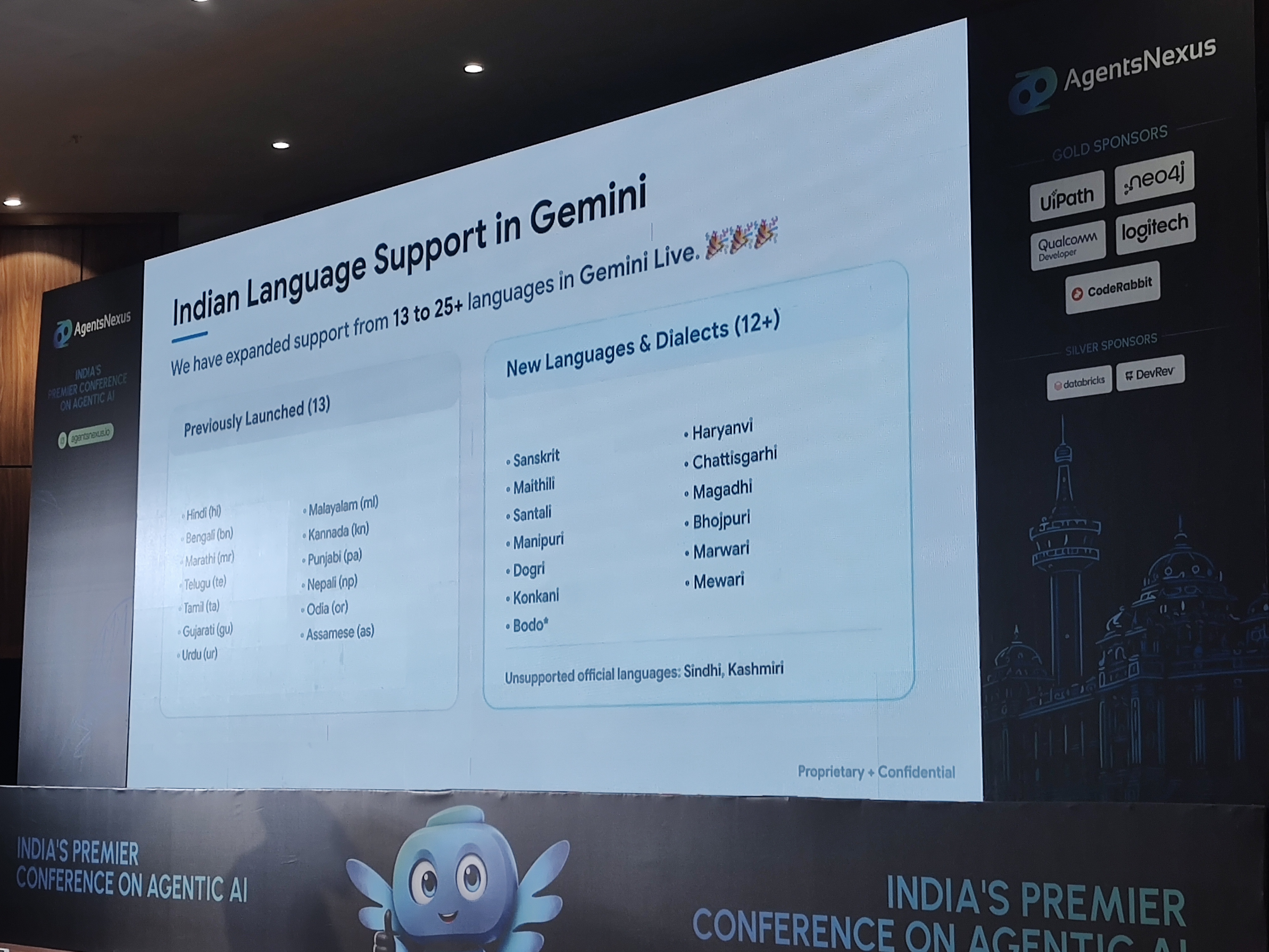 Indian language support in Gemini Live, expanding from 13 to 25+ languages — the only slide in the deck marked "Proprietary + Confidential."