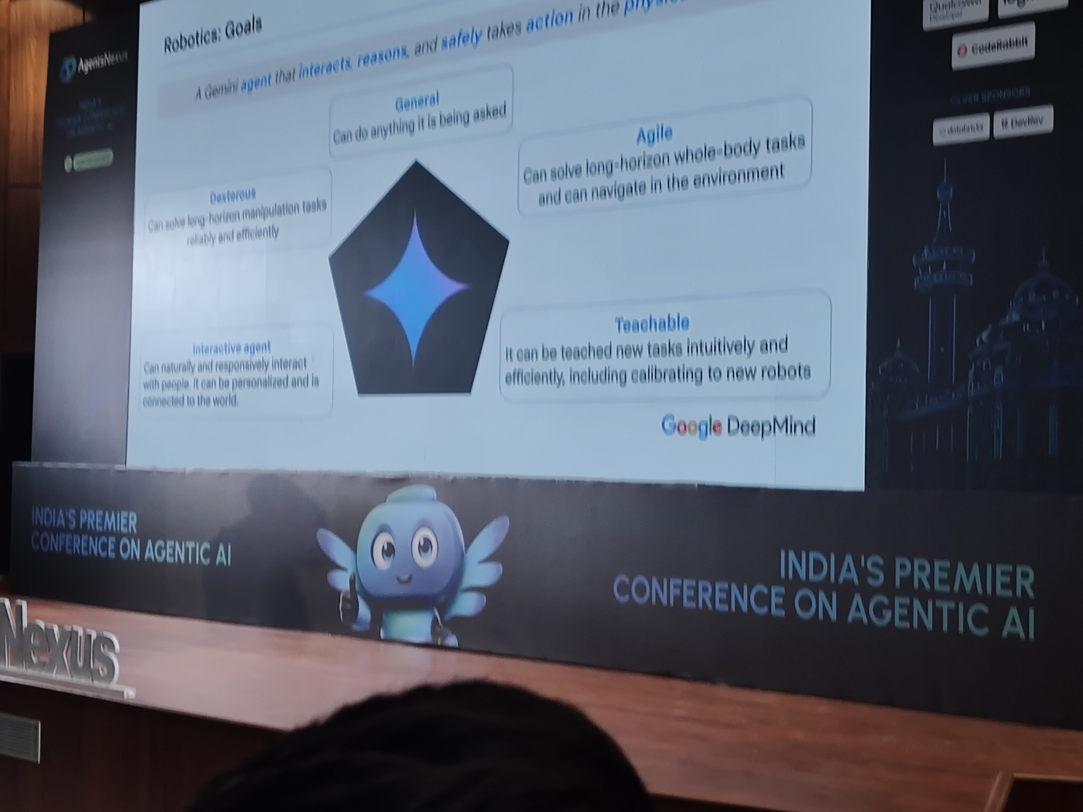 Gemini Robotics agent goals, arranged around a central pentagon: General, Agile, Dexterous, Teachable, Interactive agent.