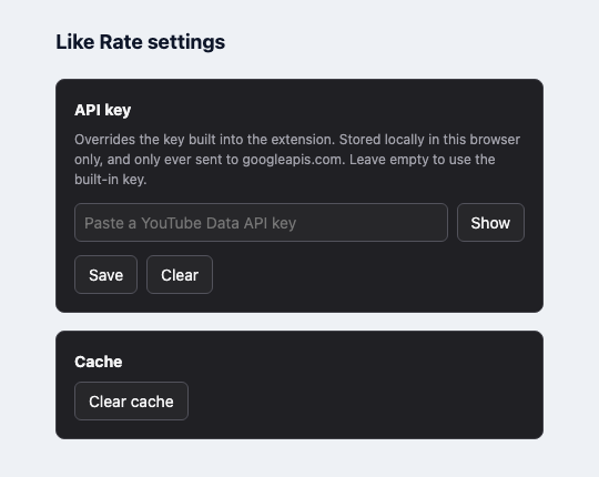 Settings page with an API key override field